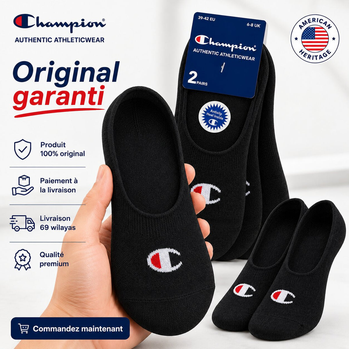 Champion — Chaussettes invisibles noires (lot de 2)